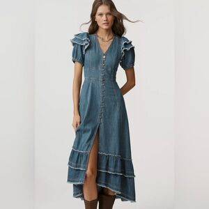 NWT Anthropologie Pilcro Short-Sleeve Ruffled Midi Shirt Dress SP